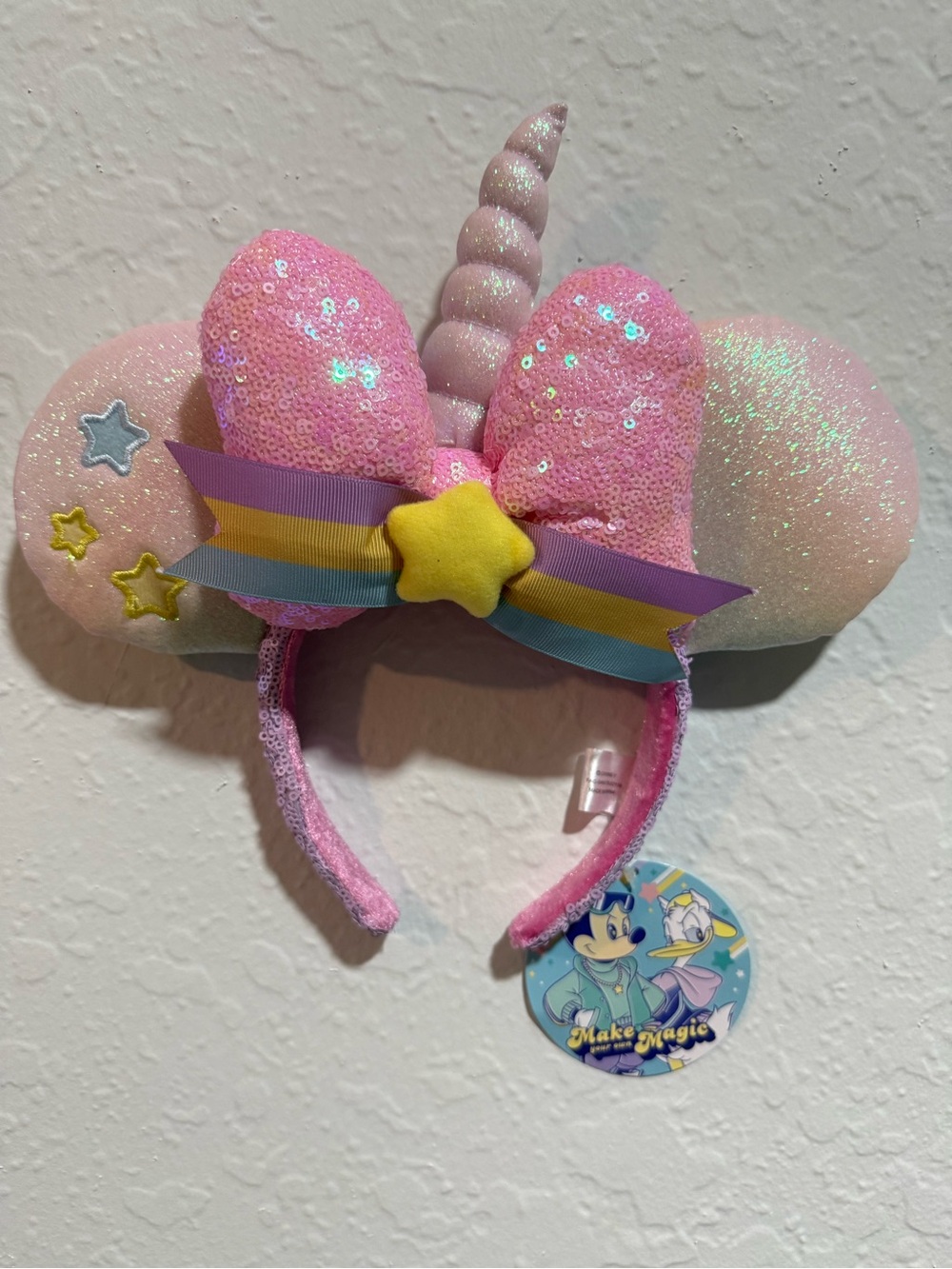 Disney Pink Sequin Unicorn Ear Headband with Rainbow Ribbon & Star